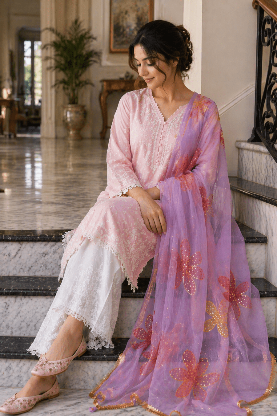 Online Dupatta Cozy Gold and Red Flower Dupatta
