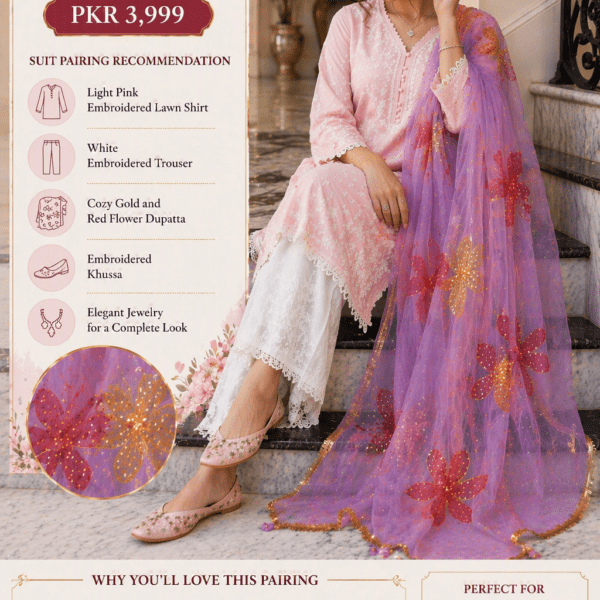 Online Dupatta Cozy Gold and Red Flower Dupatta
