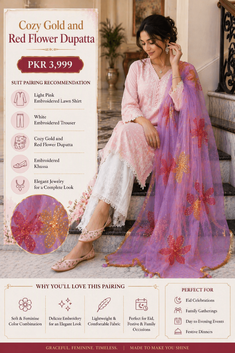 Online Dupatta Cozy Gold and Red Flower Dupatta