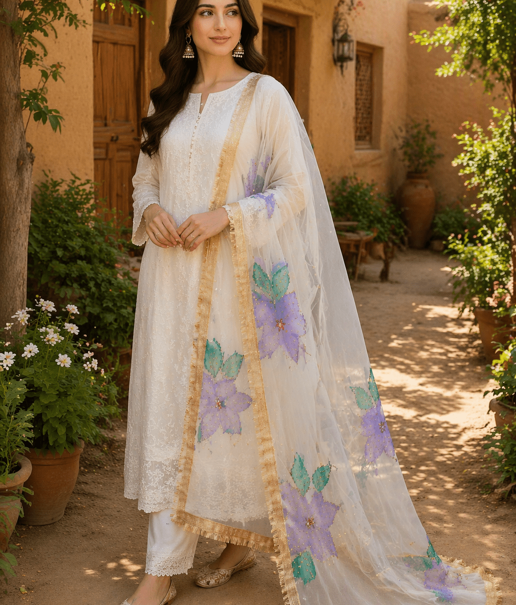 Online Dupatta Pastel Bloom Hand-Painted Organza Dupatta