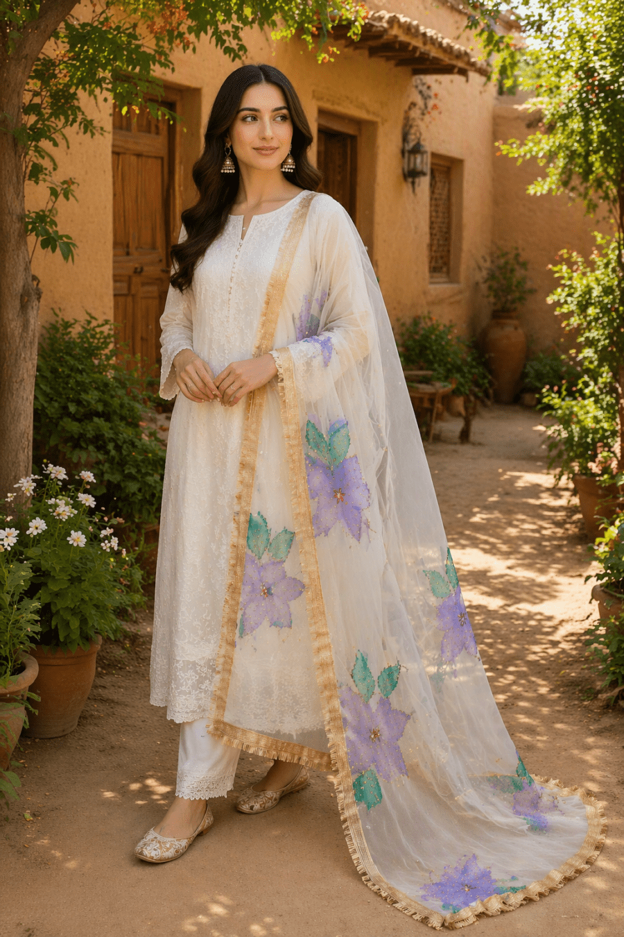 Pastel Bloom Hand-Painted Organza Dupatta