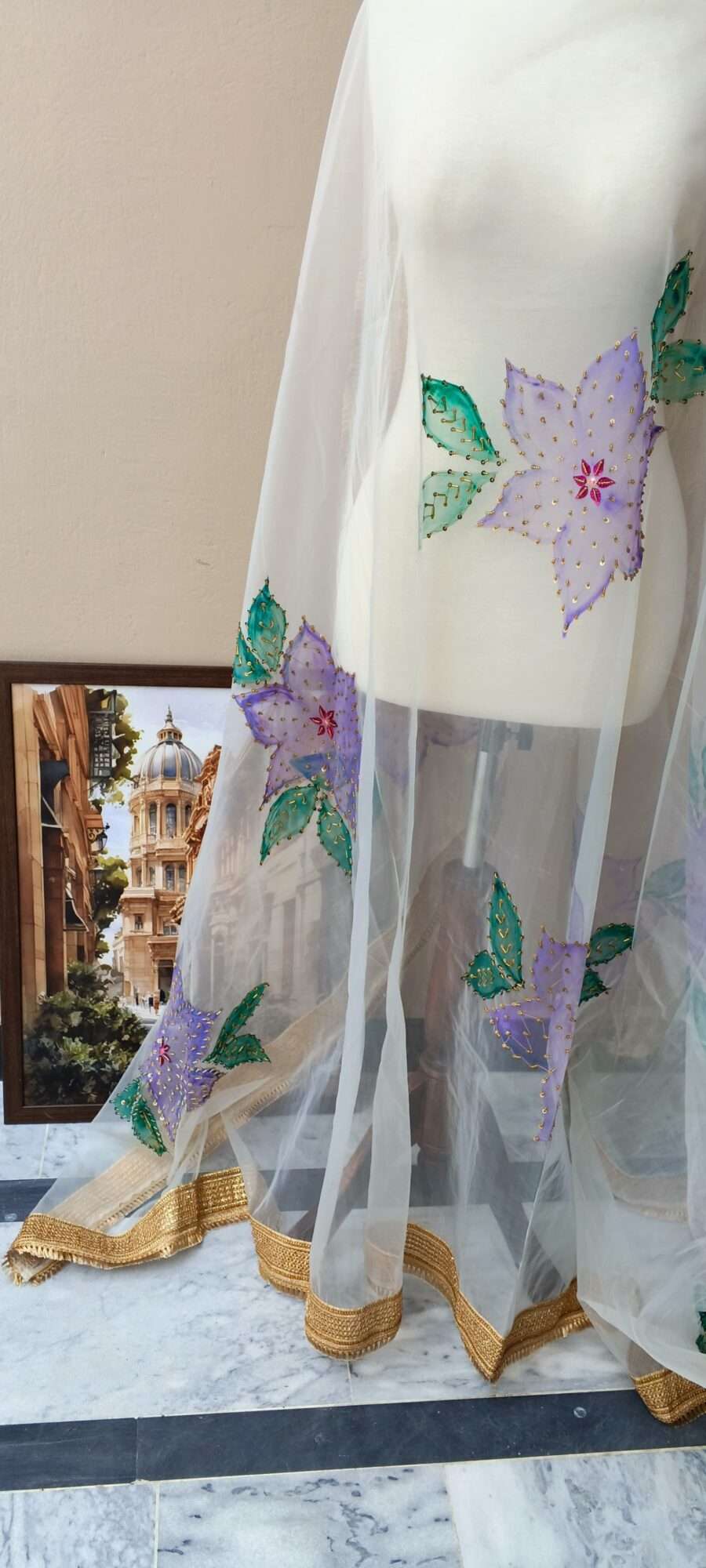 Pastel Bloom Hand-Painted Organza Dupatta