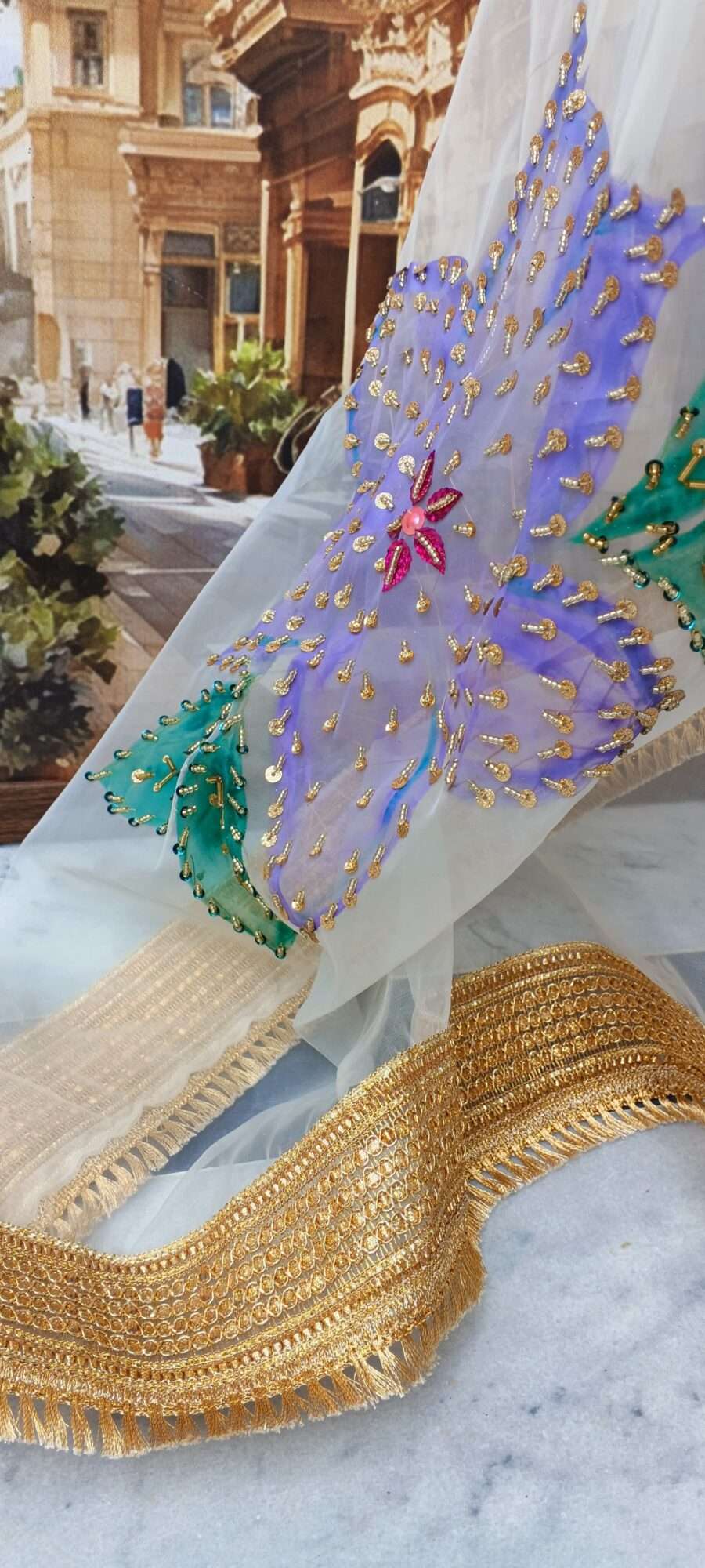 Pastel Bloom Hand-Painted Organza Dupatta