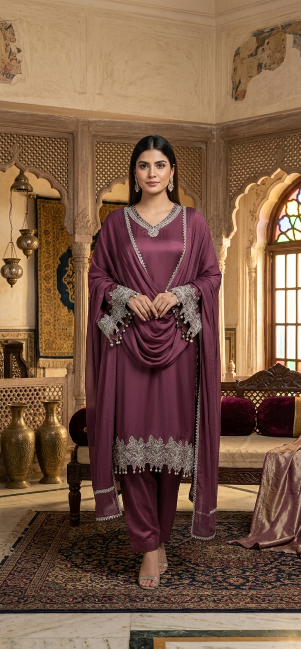 Maroon Silk Three Piece Suit-POS-3PC-07