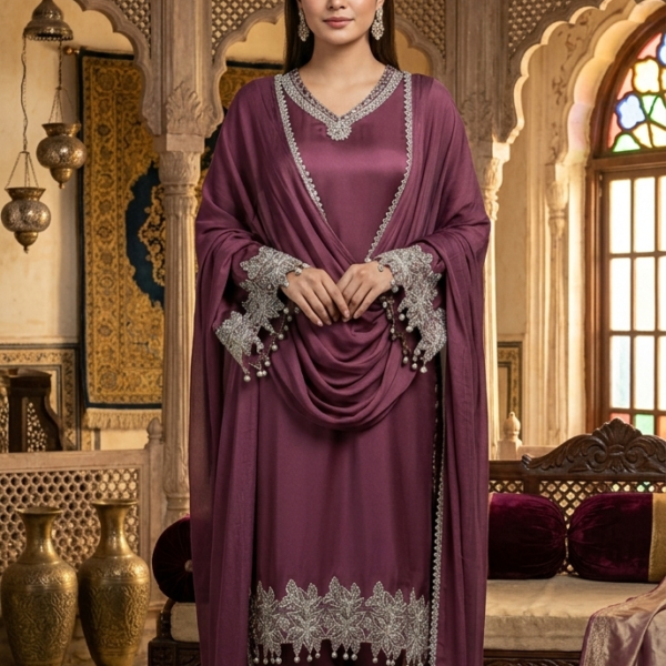Maroon Silk Three Piece Suit-POS-3PC-07