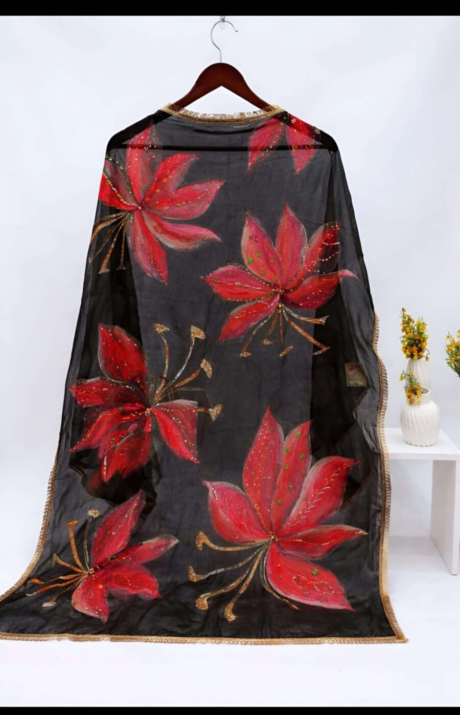 Hand Painted Floral Dupatta on Black Chiffon