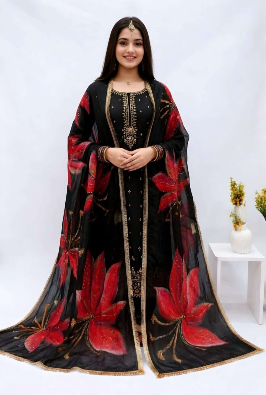 Hand Painted Floral Dupatta on Black Chiffon