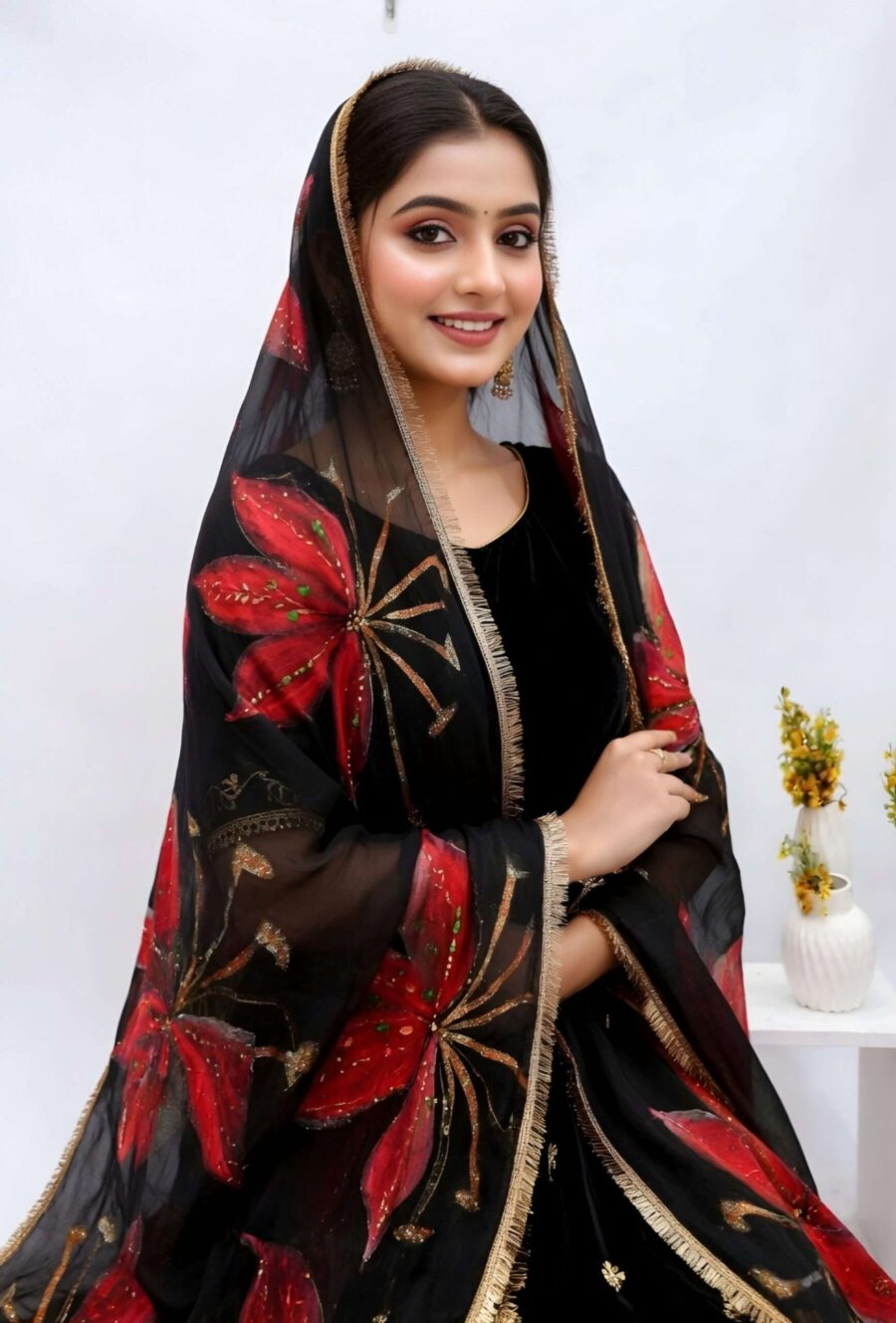 Hand Painted Floral Dupatta on Black Chiffon