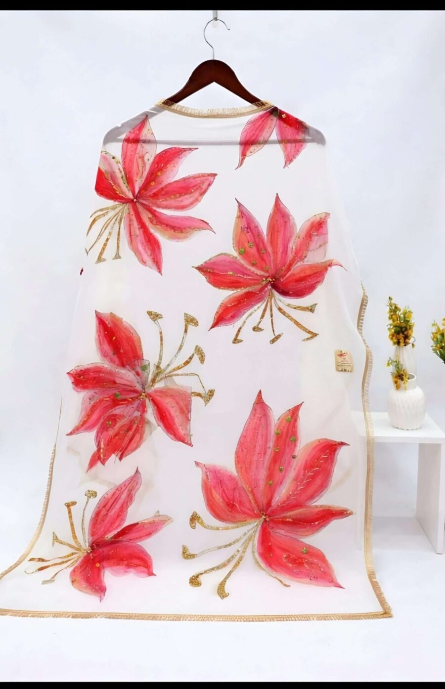 Hand Painted Red Floral Organza Dupatta with Gold Accents