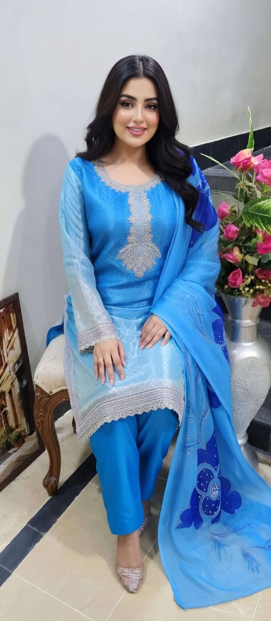 3 Piece sky blue silk suit with chiffon dupatta
