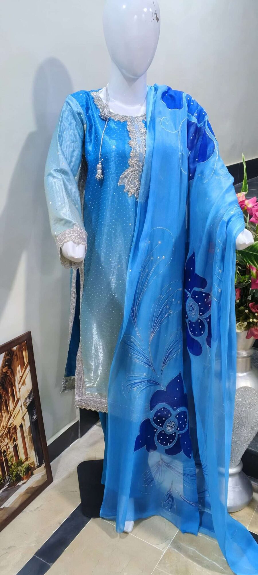 3 Piece sky blue silk suit with chiffon dupatta