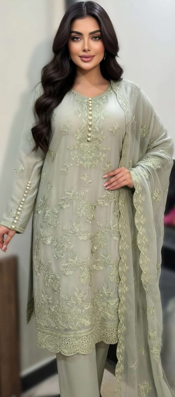 3 Piece Chiffon Embroidered suit - Luxury Sage Green