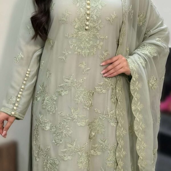 3 Piece Chiffon Embroidered suit - Luxury Sage Green