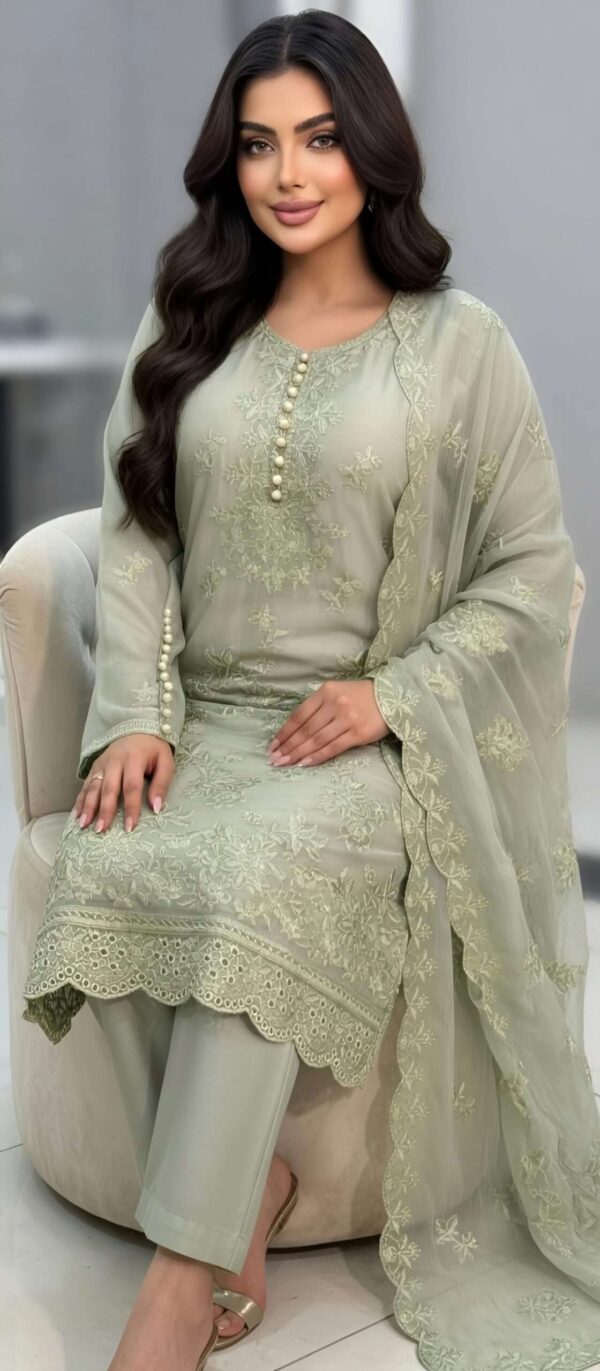 3 Piece Chiffon Embroidered suit - Luxury Sage Green