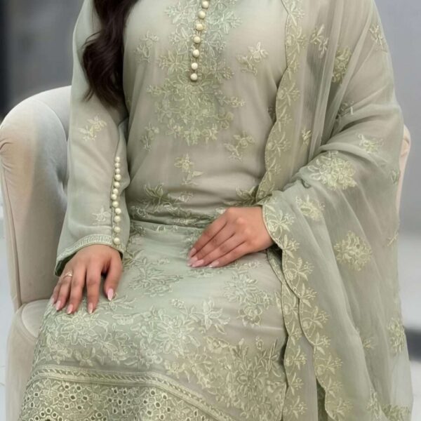 3 Piece Chiffon Embroidered suit - Luxury Sage Green