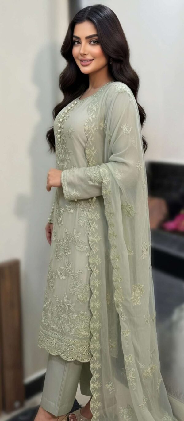 3 Piece Chiffon Embroidered suit - Luxury Sage Green