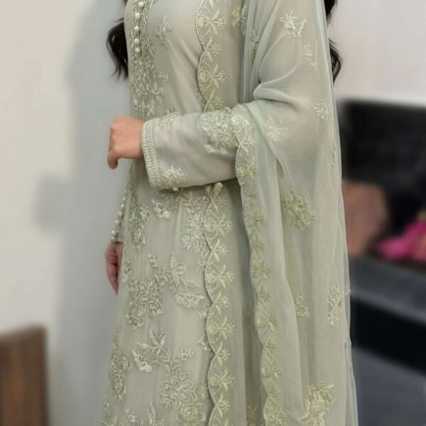 3 Piece Chiffon Embroidered suit - Luxury Sage Green