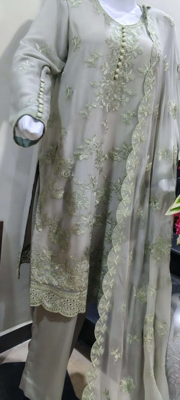 3 Piece Chiffon Embroidered suit - Luxury Sage Green