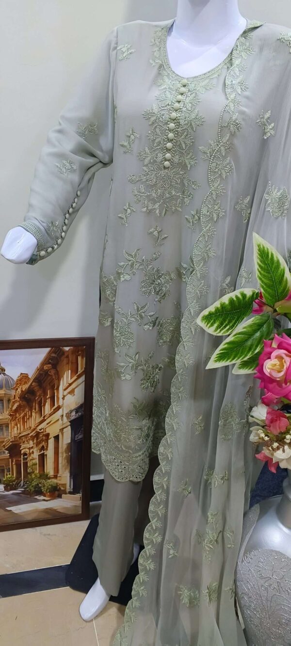 3 Piece Chiffon Embroidered suit - Luxury Sage Green