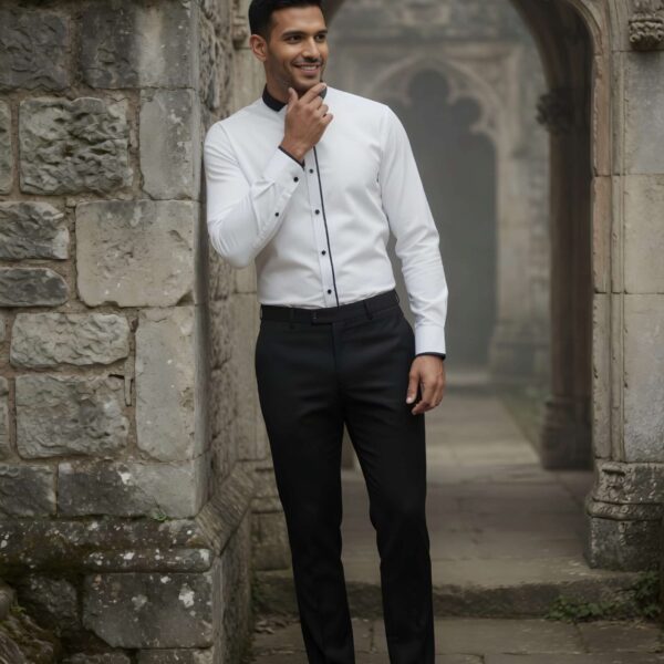 White Band Collar Shirt with Black Piping