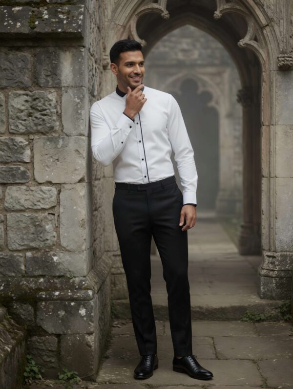 White Band Collar Shirt with Black Piping