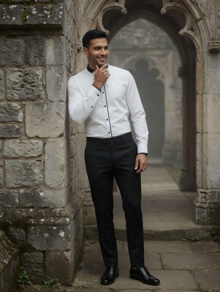 pain outfit studio White Band Collar Shirt with Black Piping
