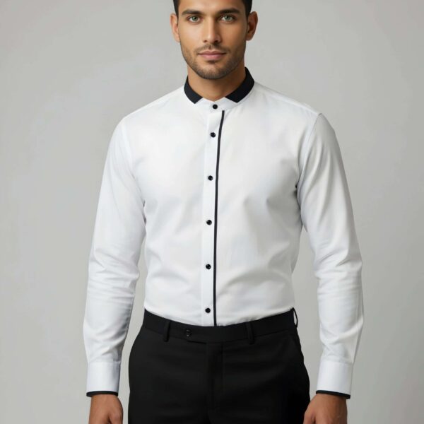 White Band Collar Shirt with Black Piping