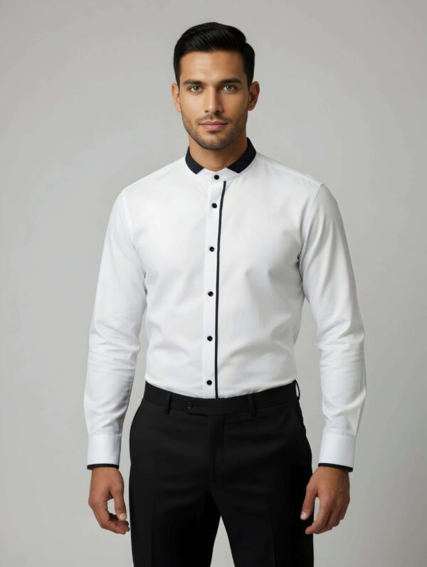 White Band Collar Shirt with Black Piping