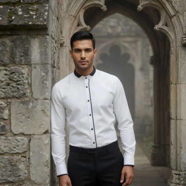 White Band Collar Shirt with Black Piping