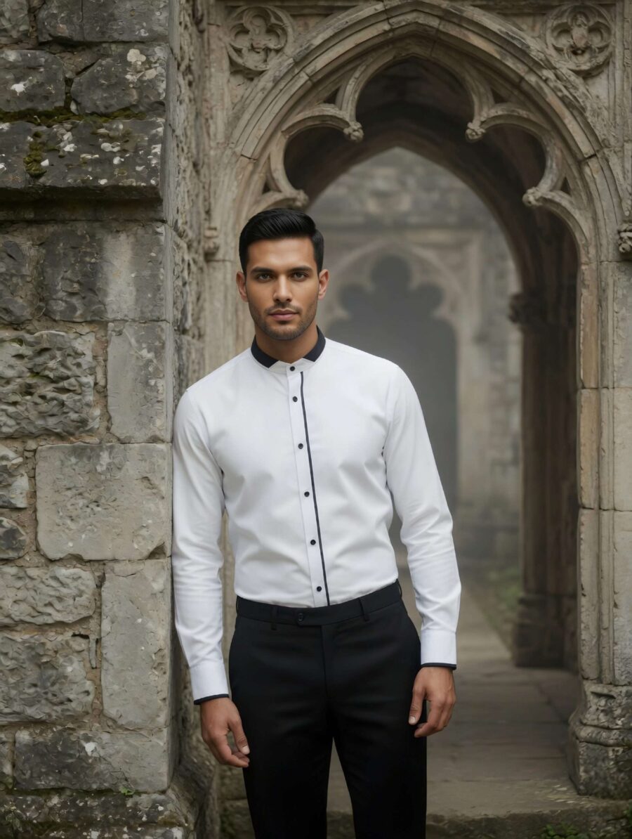 pain outfit studio White Band Collar Shirt with Black Piping