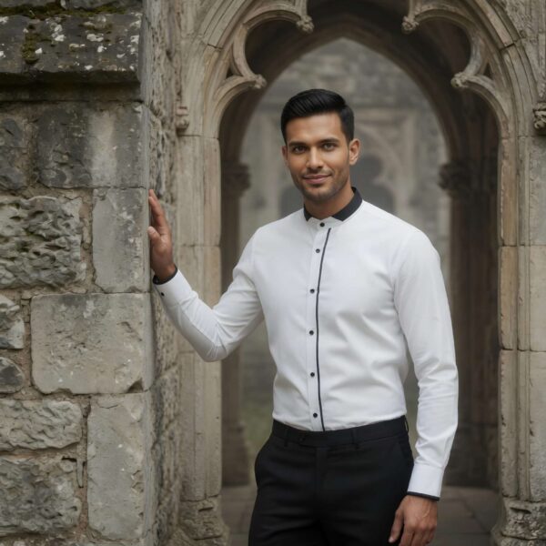 White Band Collar Shirt with Black Piping