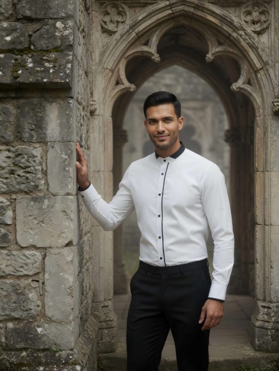 pain outfit studio White Band Collar Shirt with Black Piping