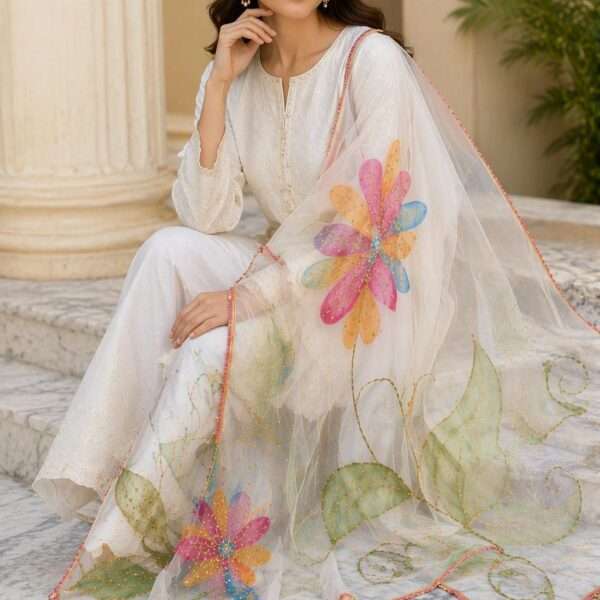 Online Dupatta Pastel Bloom Hand-Painted Organza Dupatta