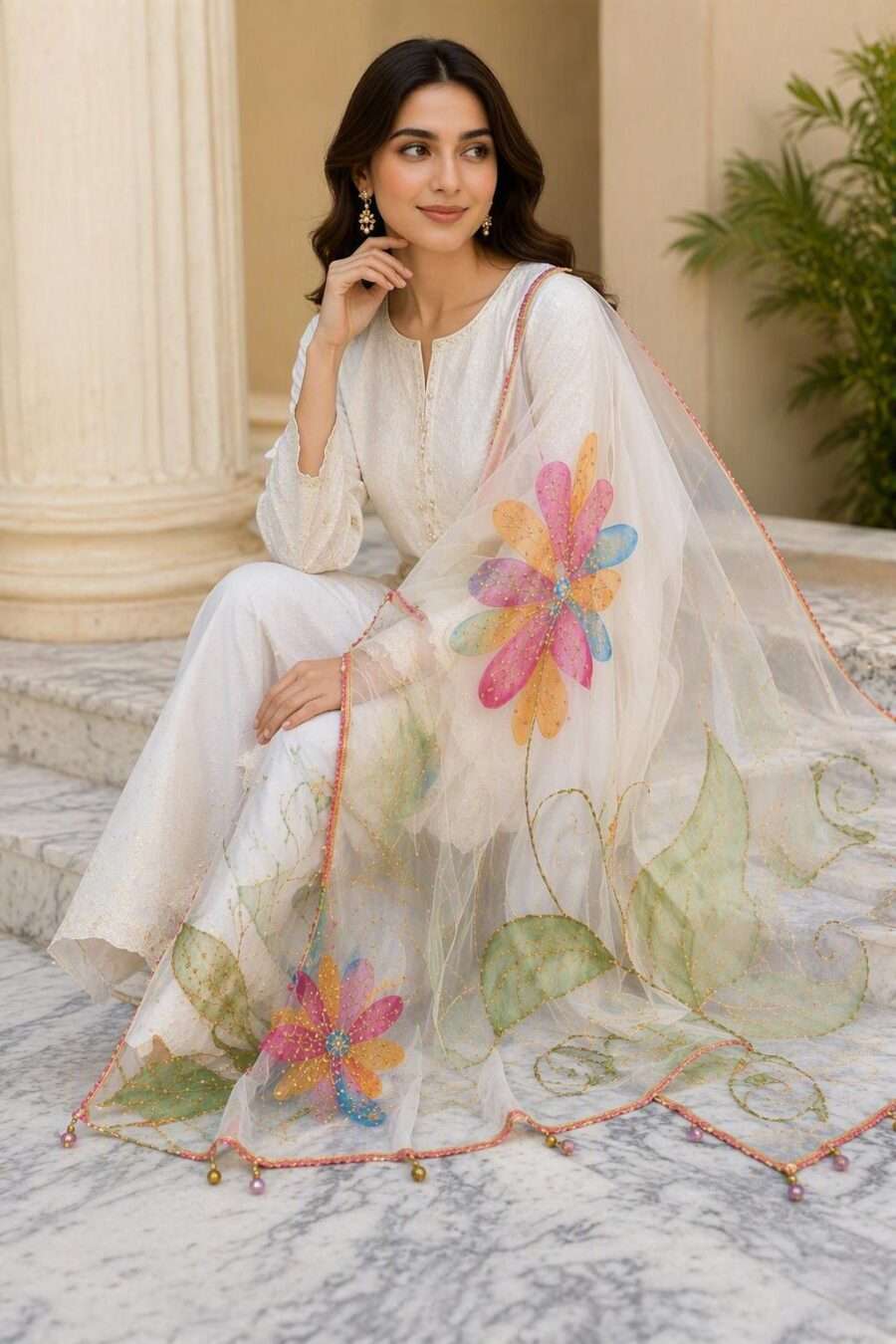 Online Dupatta Pastel Bloom Hand-Painted Organza Dupatta