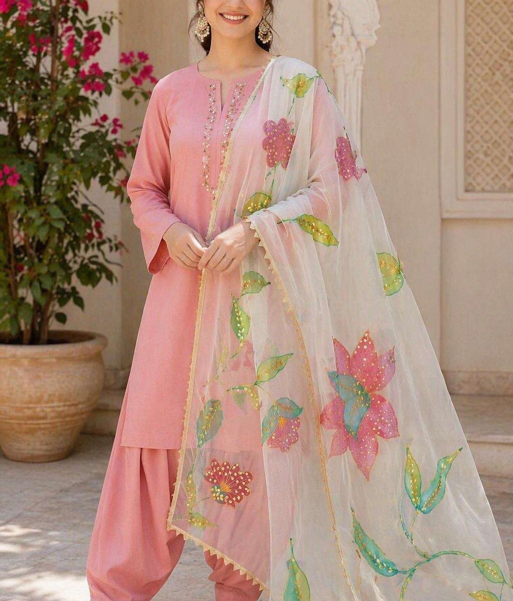 Dupatta Hand-Painted Floral Organza Dupatta