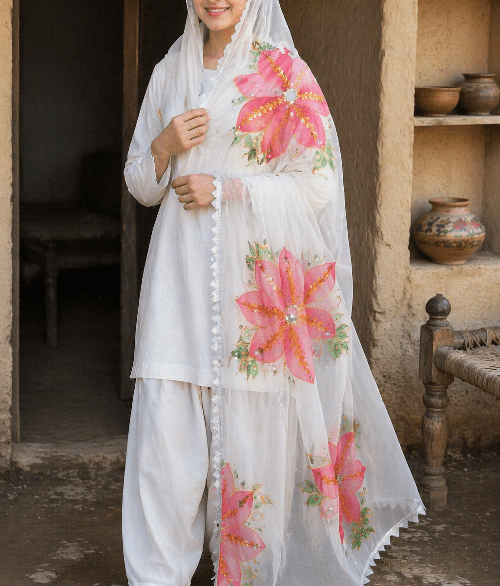 Hand-Painted Dupatta with Mirror & Sequin Work