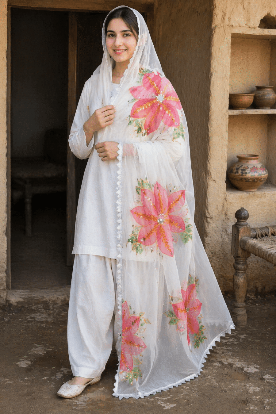 Dupatta Hand-Painted Dupatta with Mirror & Sequin Work