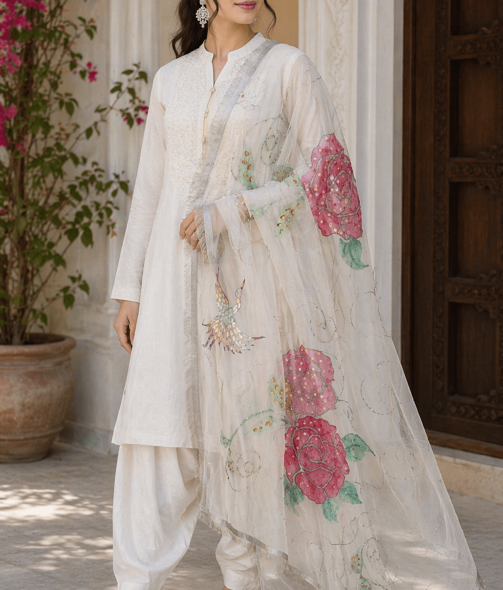 Elegant White Designer Floral Dupatta