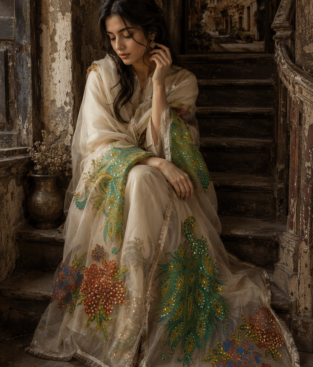 Hand-Painted Luxury Organza Dupatta Peacock Dupatta