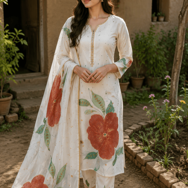 Crimson Bloom Hand-Painted Dupatta