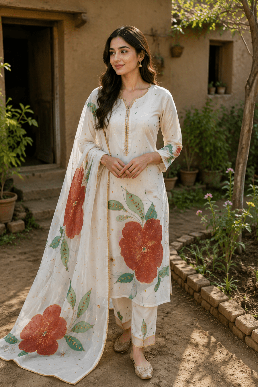 Crimson Bloom Hand-Painted Dupatta