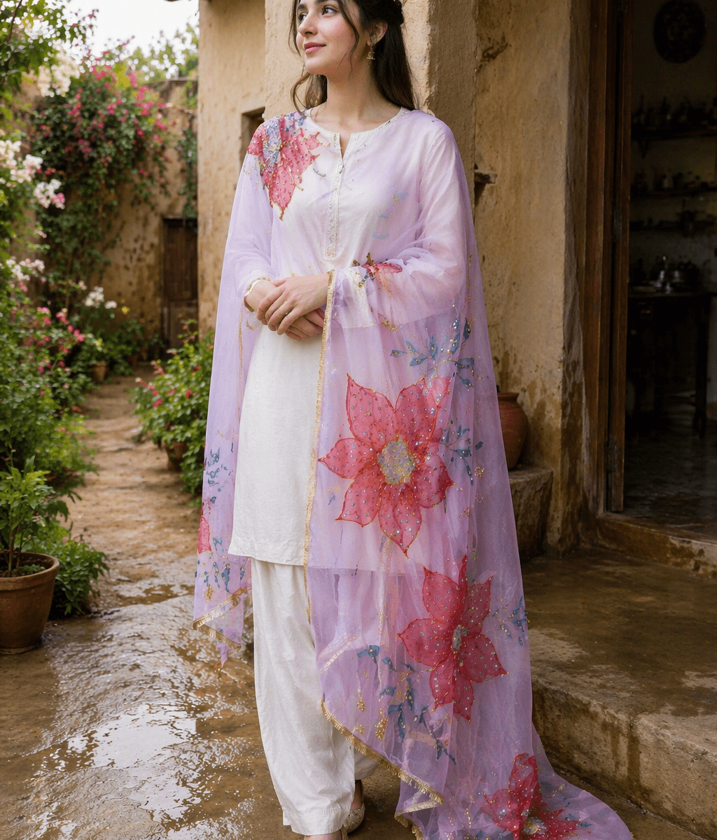 Hand-Painted Lilac Organza Dupatta