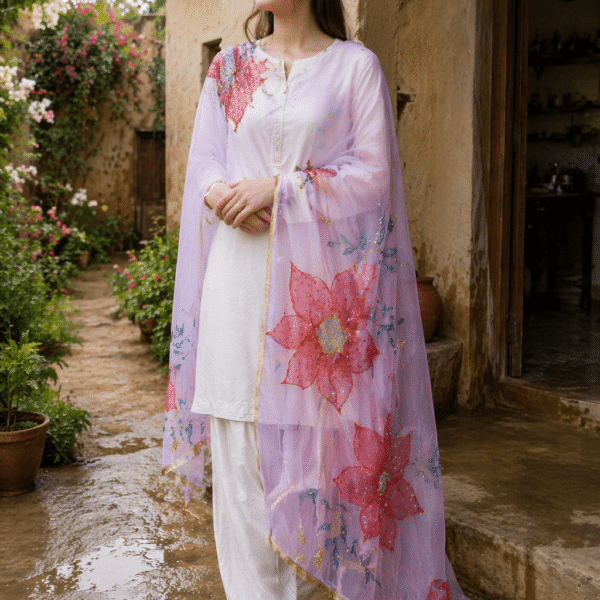 Dupatta Hand-Painted Lilac Organza Dupatta