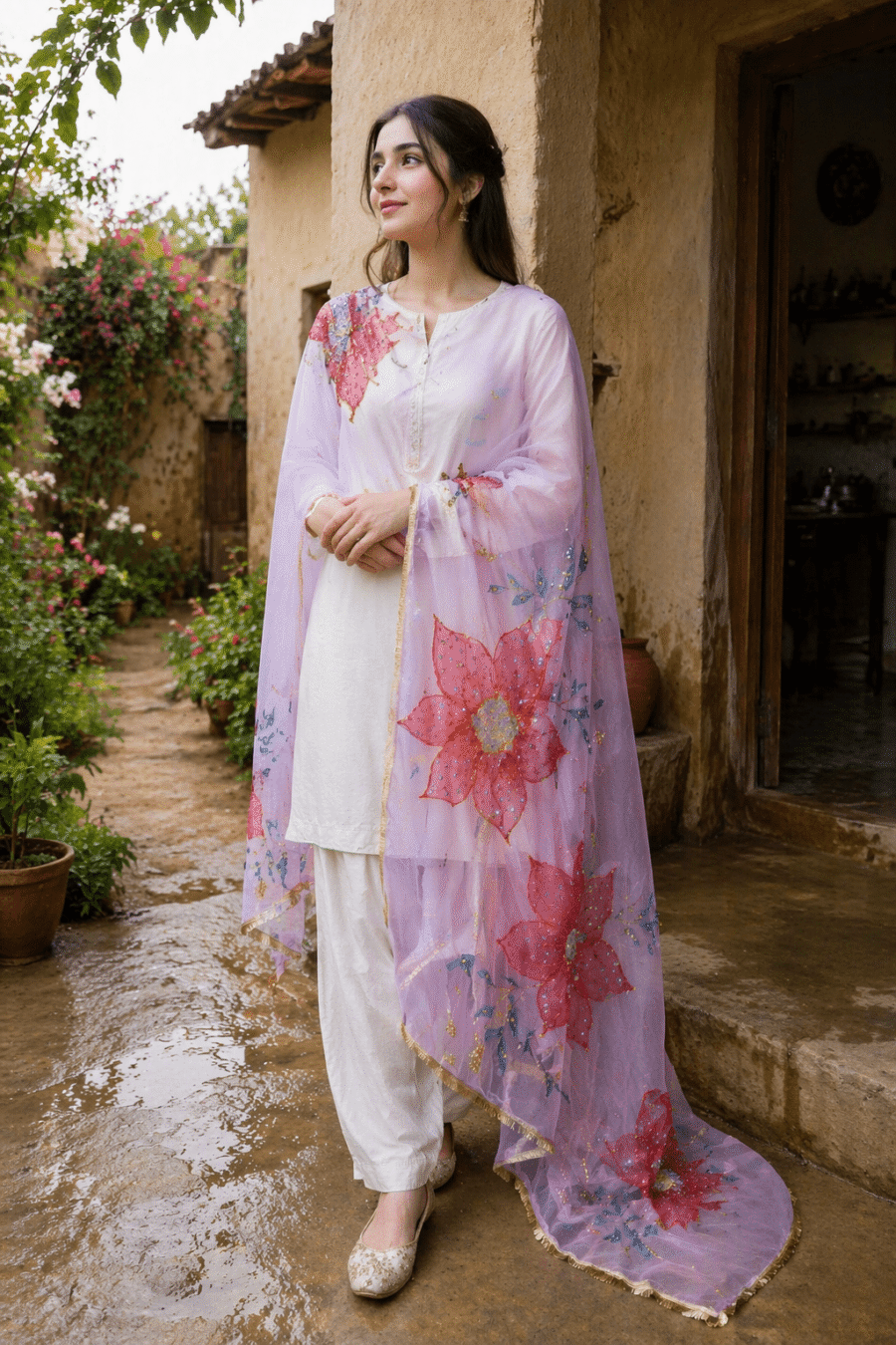 Dupatta Hand-Painted Lilac Organza Dupatta