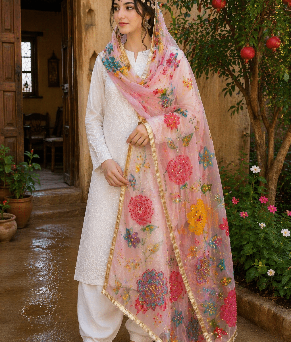 Dupatta Pink Floral Embroidered Organza Dupatta