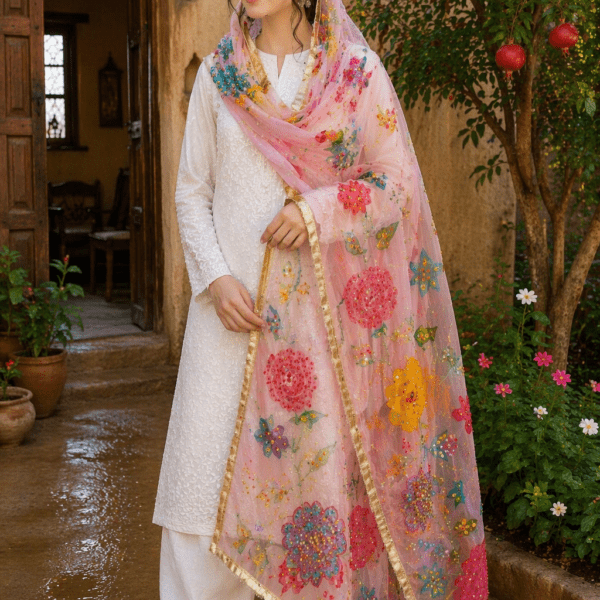 Dupatta Pink Floral Embroidered Organza Dupatta