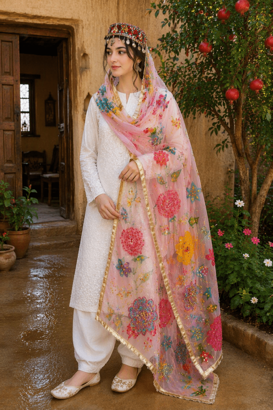 Dupatta Pink Floral Embroidered Organza Dupatta