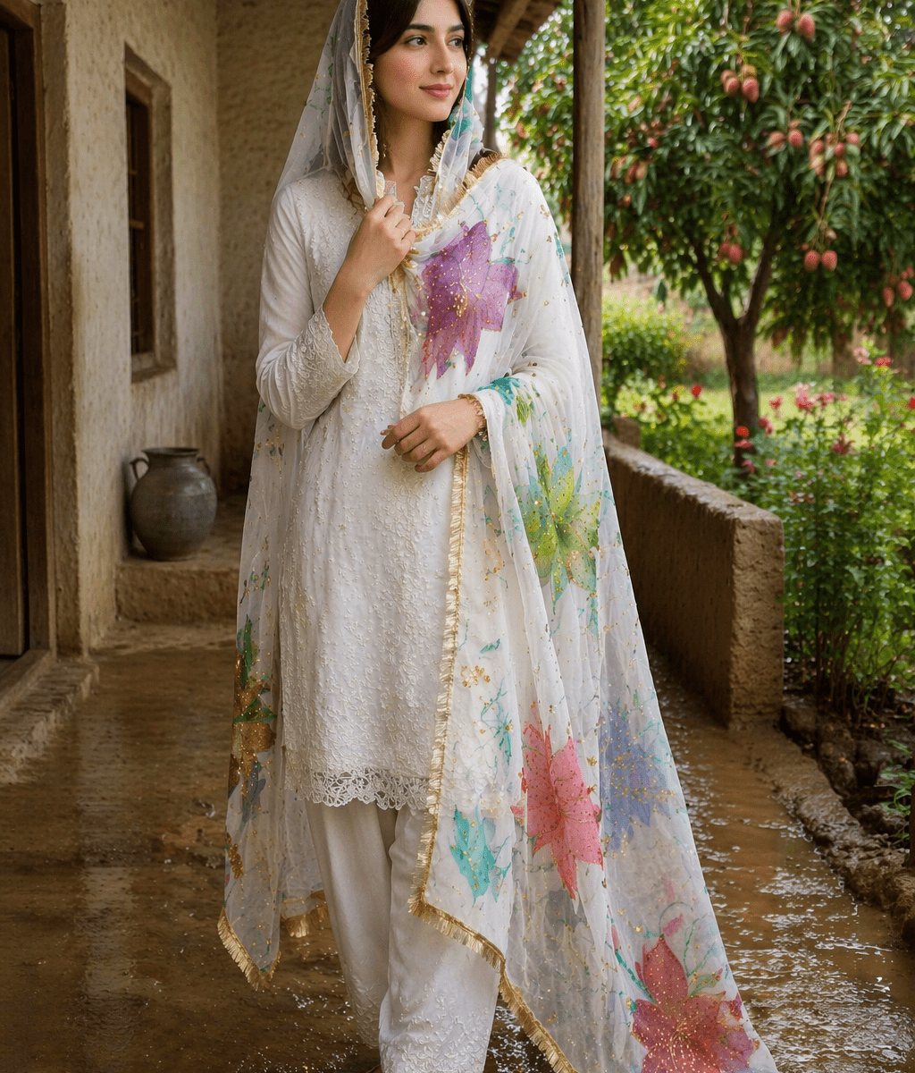 Dupatta online White Organza Dupatta with Multicolor Floral Design