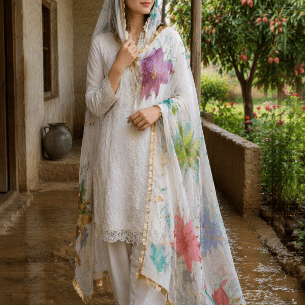 White Organza Dupatta with Multicolor Floral Design