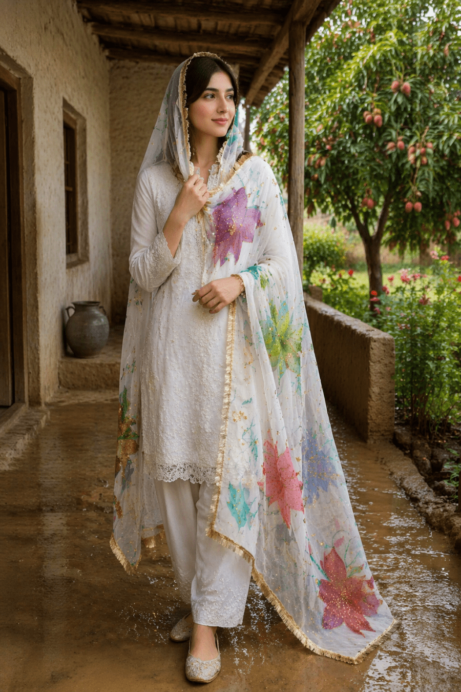 White Organza Dupatta with Multicolor Floral Design